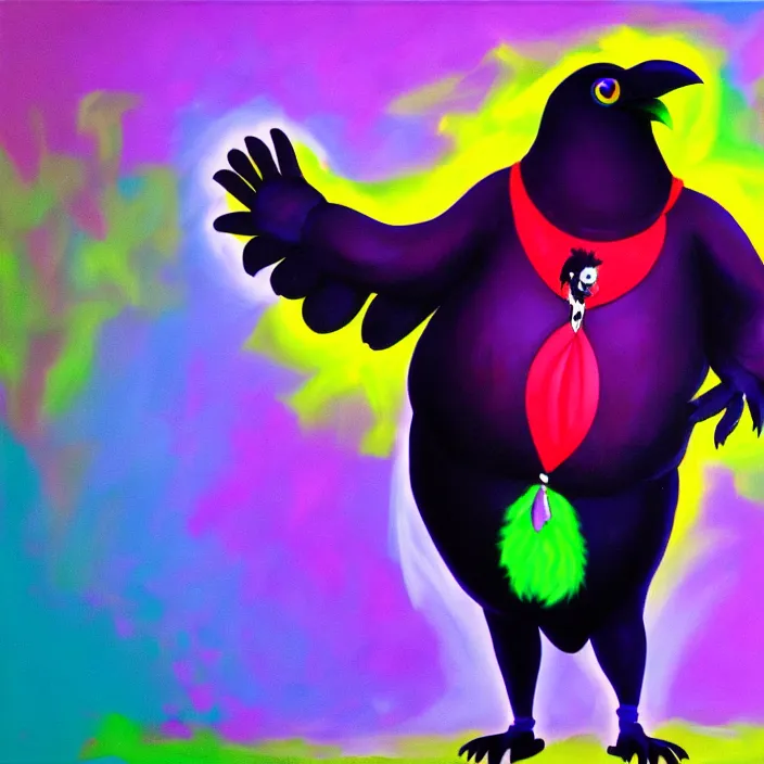 Prompt: a fat anthropomorphic male raven fursona dancing at a rave, furry, oil on canvas, cute, vivid saturation