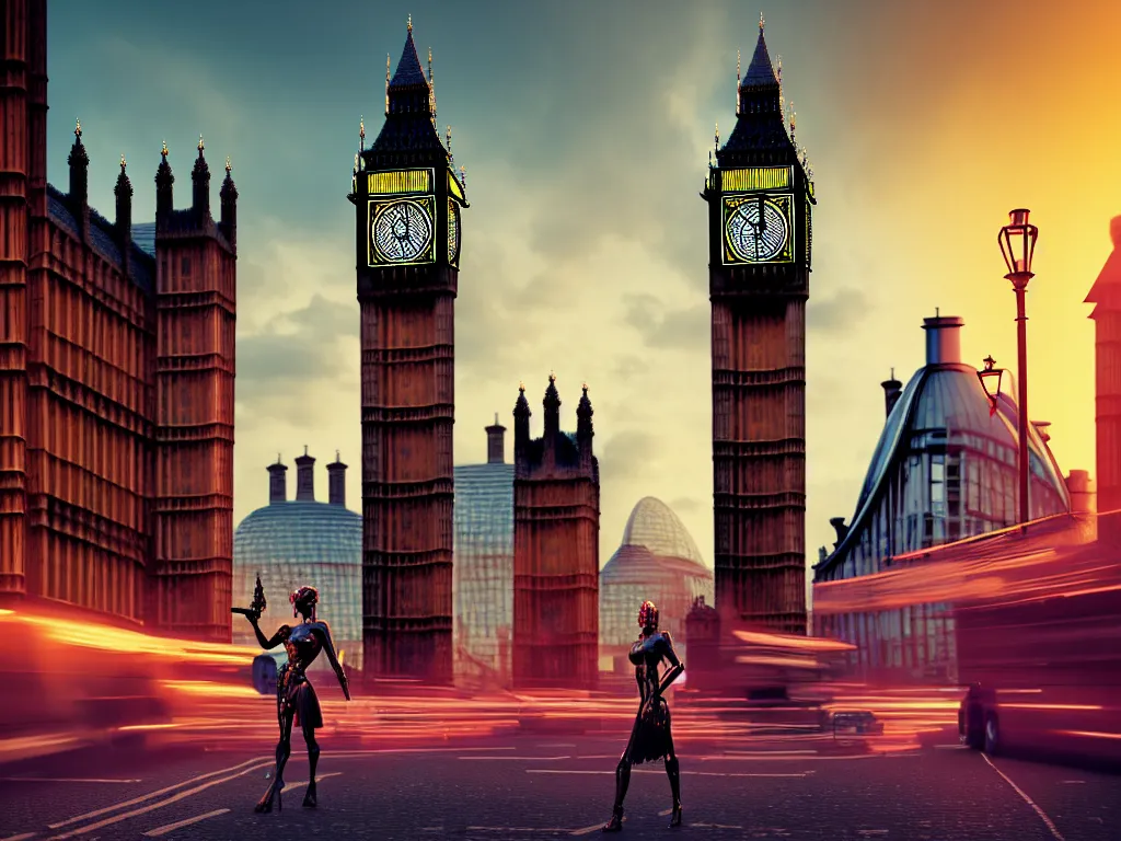 Image similar to a giant ancient beautiful cyborg of the elder gods with pipes and tubes in the city of London, an image of a beautiful cyborg, a beautiful cyborg, a cyborg, London streets with one bigben in the background, colourful, dramatic lighting, golden hour, very detailed octane render very realistic beautiful