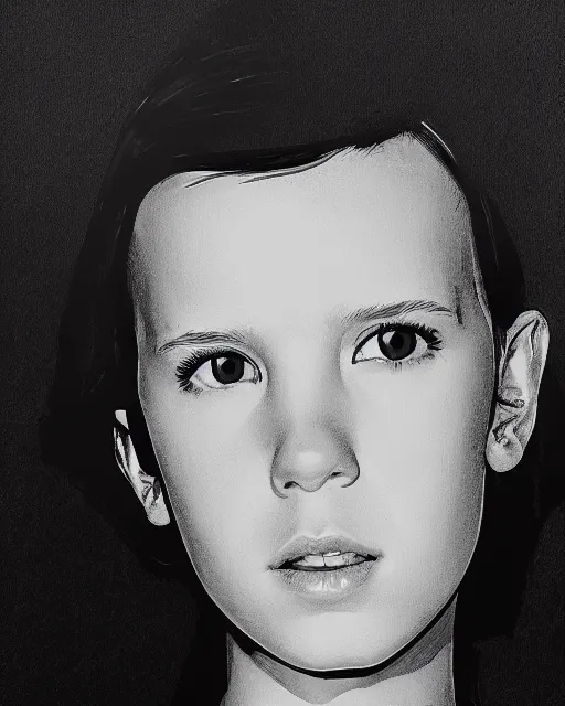 Image similar to close up portrait of millie bobby brown by yoji shinkawa, black and white, high contrast