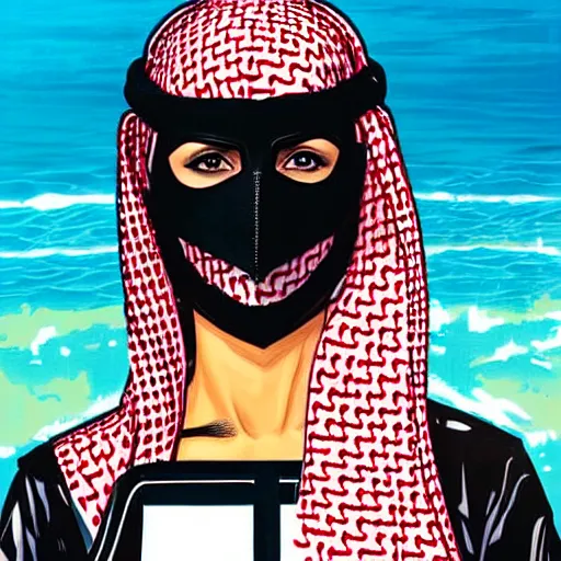 Prompt: a portrait of a saudi woman wearing a diver suit and mask with side profile blood in ocean intricate details by MARVEL comics and Sandra Chevrier-C