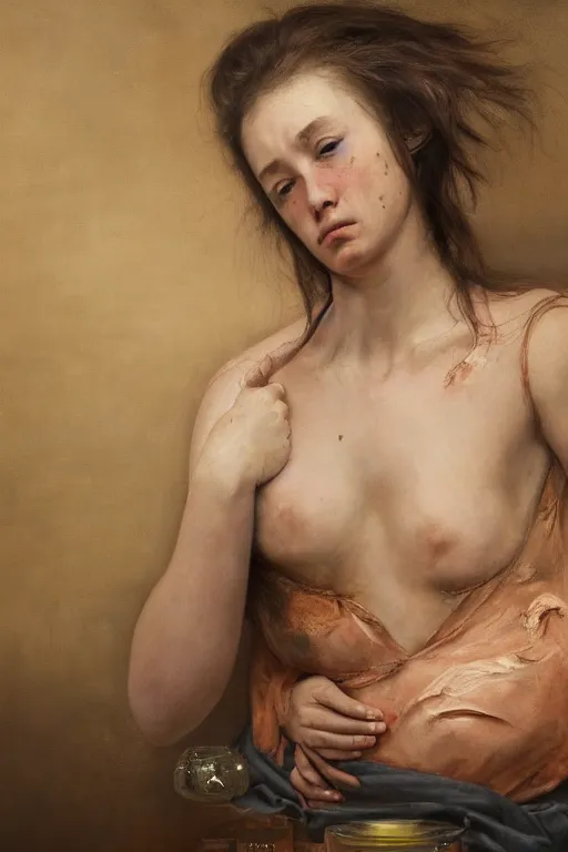 Image similar to lauren's stomach hurting after drinking too much alcohol, oil on canvas, intricate, portrait, 8 k highly professionally detailed, hdr, cgsociety