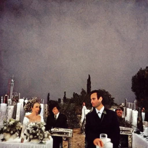 Prompt: a gloomy d.j in a Greek wedding, by Anselm Kiefer