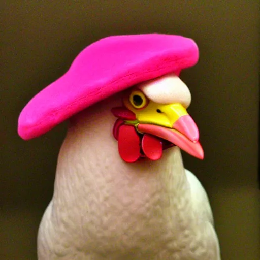 Prompt: pink chicken with a hat