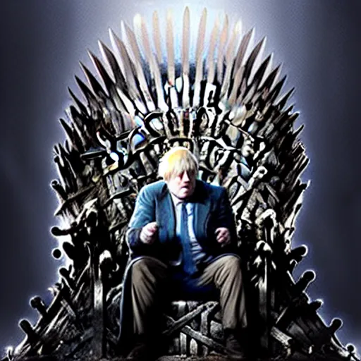 Image similar to boris johnson sitting on the iron throne in game of thrones, anatomy, bathed in light, highly detailed, photorealistic, artstation, smooth, sharp focus, illustration, unreal engine 5, 8 k, art by artgerm and greg rutkowski and edgar maxence