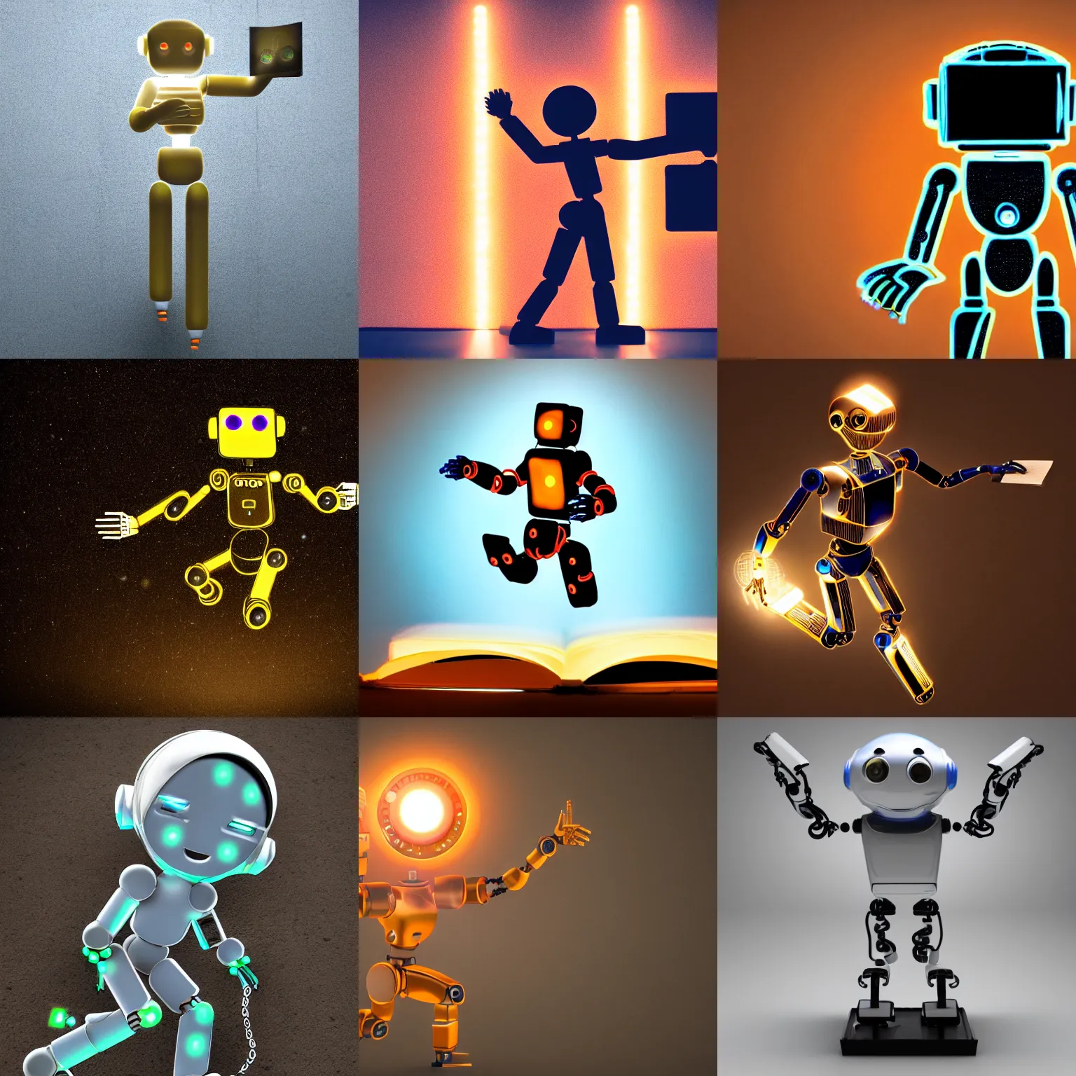 Prompt: glowing robotic humanoid running with a glowing book, pulling against broken chains