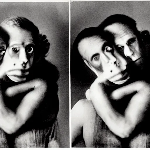 Prompt: a monochromatic studio portrait photograph of a two - headed man from the 1 9 4 1 movie freaks, in the style of diane arbus, dramatic lighting