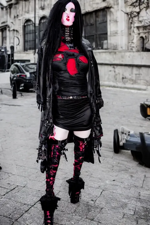 Image similar to beautiful black-and-red haired goth girl, hyper-maximalist, highly-detailed and intricate, Rick Owens, pastel goth, trending on r/streetwear, outfit photo, we see them from head to toe