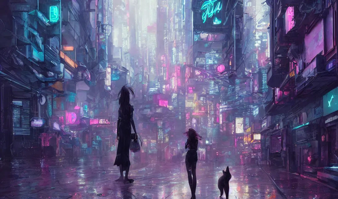 Prompt: a girl and a cat walk near the crowded street of a cyberpunk city, rain, harsh neon lights, highly detailed, digital painting, trending on artstation, concept art, sharp focus, illustration, art by artgerm and greg rutkowski and magali villeneuve