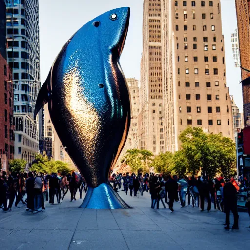 Prompt: an street photograph of a giant metallic fish sculpture in the center of a new york street, a large crowd have gathered, by Claes Oldenburg and jeff koons, pop art, 3D render, Volumetric dynamic lighting, Highly Detailed, Cinematic Lighting, Unreal Engine, 8k, HD