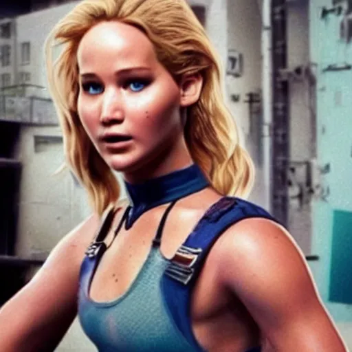 Image similar to Jennifer Lawrence staring as Cammy in Street Fighter 2029 movie