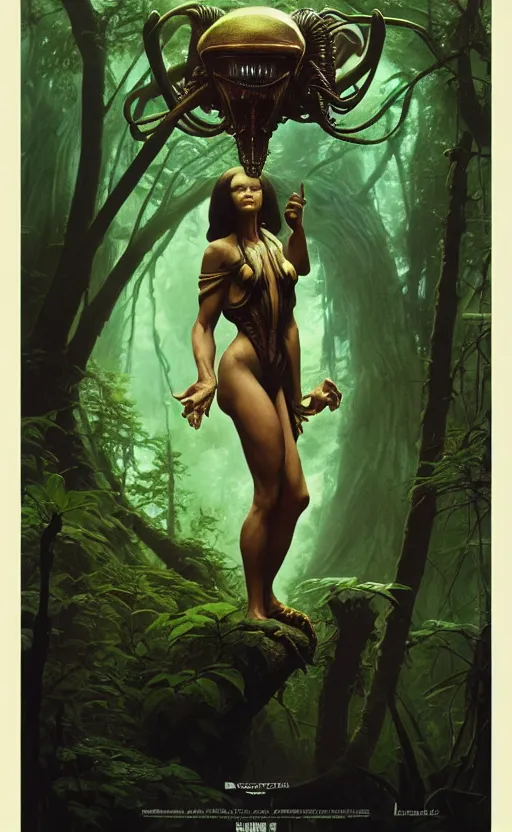 Image similar to alien magic creature poster art, humanoid, lush forest, movie art, by lucusfilm, weta studio, tom bagshaw, james jean, frank frazetta alphonso mucha, norman rockwell, 8 k, denoised