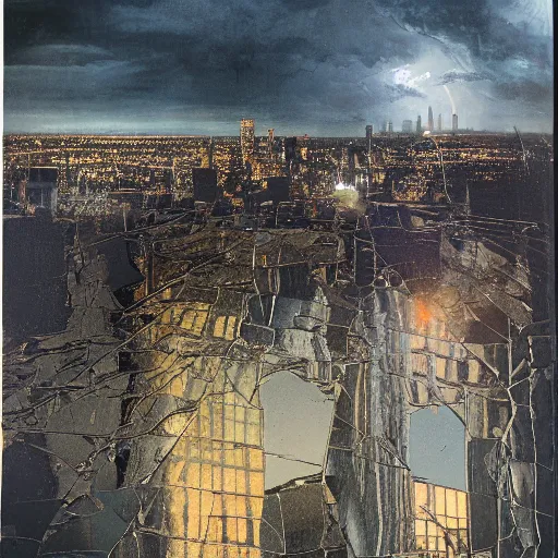 Image similar to photorealistc full - color painting of a broken and distorted mirror reflecting a nightmarish boston downtown skyline in 1 9 2 5 at night with a horrifying sky, aerial view, dark, brooding, night, atmospheric, horror, cosmic, ultra - realistic, smooth, highly detailed by dave dorman