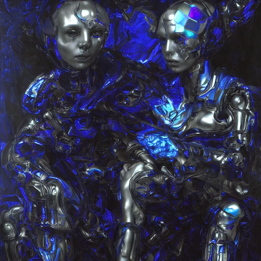 Prompt: neoclassicist renaissance wide angle portrait of single blue demon seated, cyber body shiny metal implants interface connected with singularity. iridescent textures. black background. highly detailed fantasy science fiction painting by chris cunningham and mikhail vrubel. dark and volumetric. trending on artstation