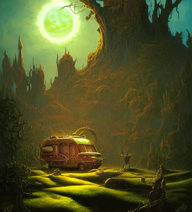 Image similar to subsurface scattering, a caravan rests at the verdant oasis, the art of athas and dark sun, brom's dark sun art on a 7 0's style fantasy novel cover, digital painting by brom, amazingly detailed d & d art, concept art, intricate details, beautiful, volumetric lighting, ultrarealistic, cgsociety, square enix cinematic art