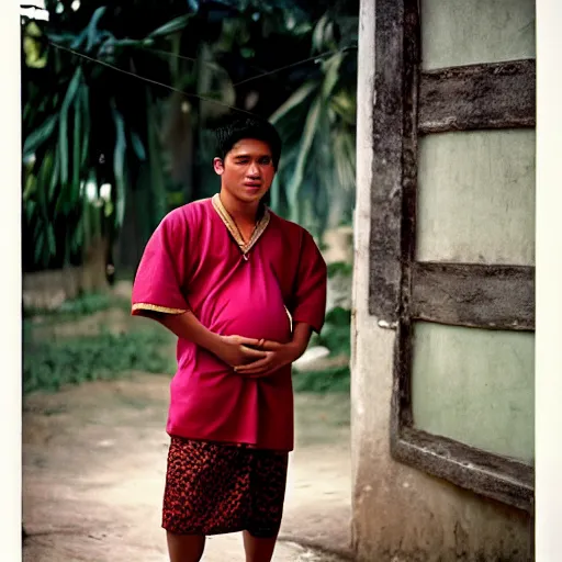 Prompt: A young pre-colonial Filipino man in his 20s wearing traditional costume with a big pregnant belly, photographed by Steve McCurry