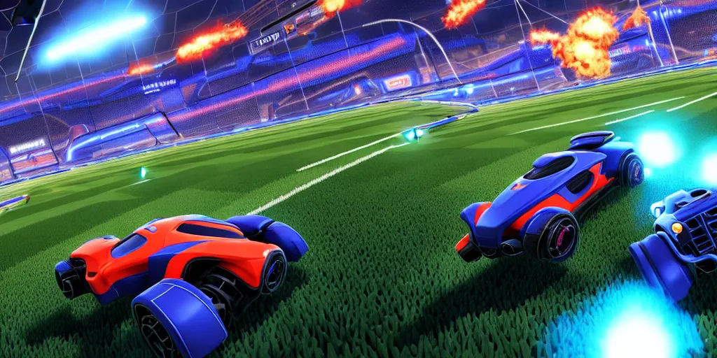 Image similar to rocket league, car soccer, boom, goal, demo, explosion, action shot, lens flares, rim light, raytracing, glow, haze, hyper - realistic, micro details, octane render, unreal engine, cinematic shot