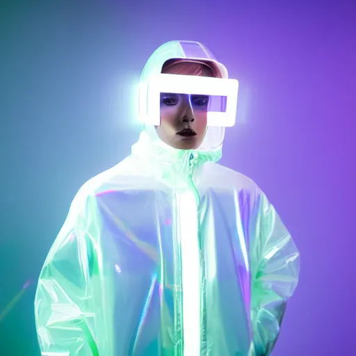 Prompt: an ultra high definition professional studio quality photograph of an artificial celebrity cyberpunk pop star wearing a transparent iridescent perspex pastel coloured face visor and matching raincoat on white coat hook in an empty white room. dramatic lighting. volumetric shadows. light rays