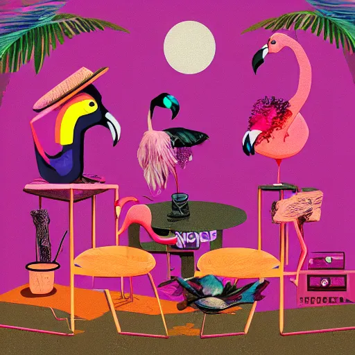 Prompt: the flamingo cafe by william maranci, weirdcore folk album cover artstation behance hd unsplash contest winner