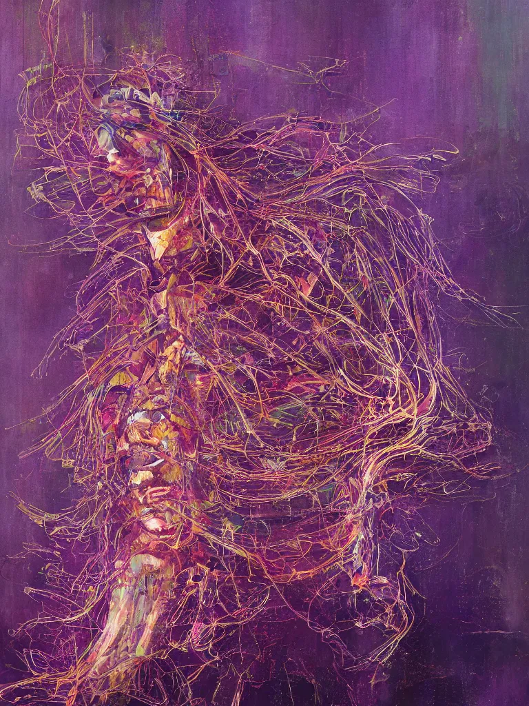 Image similar to a beautiful glitched abstract painting by dale witherow of a glitched human nervous system by robert proch, color bleeding, pixel sorting, copper oxide material, brushstrokes by jeremy mann, studio lighting, pastel purple background, square shapes