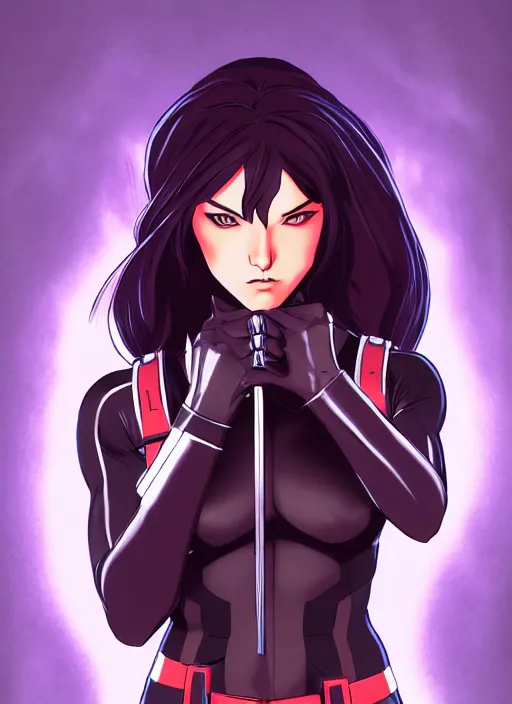 Prompt: female Rogue x-men fanart, full body action pose, semi-realistic anime illustration, symmetrical face, beautiful Symmetrical eyes, fanart, trending on Pixiv, cinematic, 4K anime, cel shaded, Akihiko Yoshida, cinematic, 4K