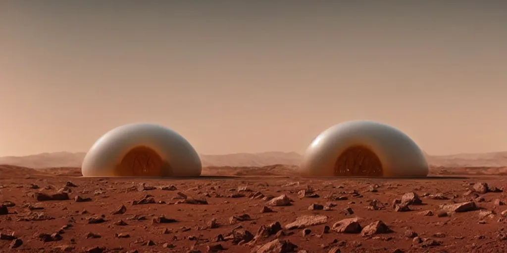 Image similar to a strange huge transparent pvc inflated organic architecture building white by jonathan de pas sits in the planet mars landscape, golden hour, film still from the movie directed by denis villeneuve with art direction by zdzisław beksinski, close up, telephoto lens, shallow depth of field