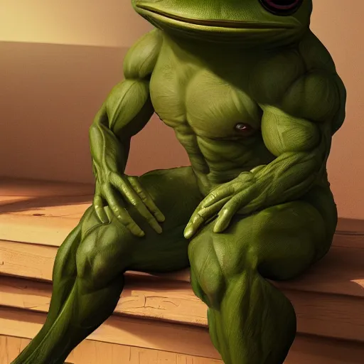 Image similar to bodybuilder pepe the frog, au naturel, hyper detailed, digital art, trending in artstation, cinematic lighting, studio quality, smooth render, unreal engine 5 rendered, octane rendered, art style by klimt and nixeu and ian sprigger and wlop and krenz cushart