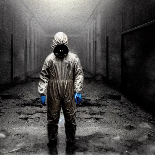 Image similar to news reporter in a hazmat suit 1 9 9 0 s news found footage of an abandoned soviet downtown with a humanoid scp hidden in background, liminal space, backrooms, scp, film grain, rundown, eerie, dark lighting, 3 5 mm, realistic, photograph, hazmat suits, foggy, silent hill style, detailed, hyperrealistic