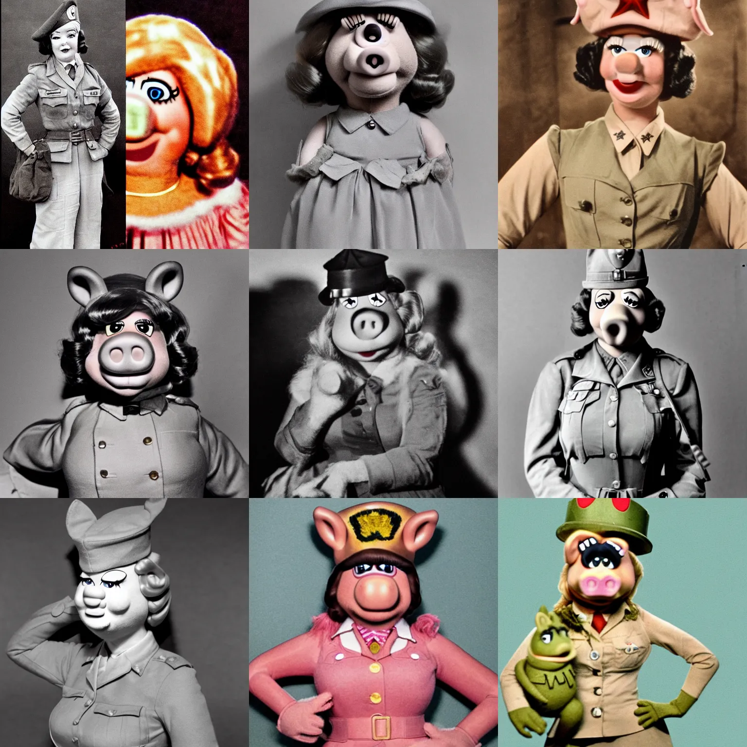 Prompt: grainy photorealistic photography of ww2 soldier as miss piggy 1940, dramatic