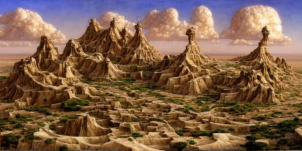 Prompt: the oasis - hamlet of joppa along the far rim of the great salt desert. farmers tend to groves. jungles strangle chrome steeples and rusted archways. beyond the fabled spindle rises above the fray and pierces the cloud - ribboned sky. art by james christensen and noriyoshi ohrai