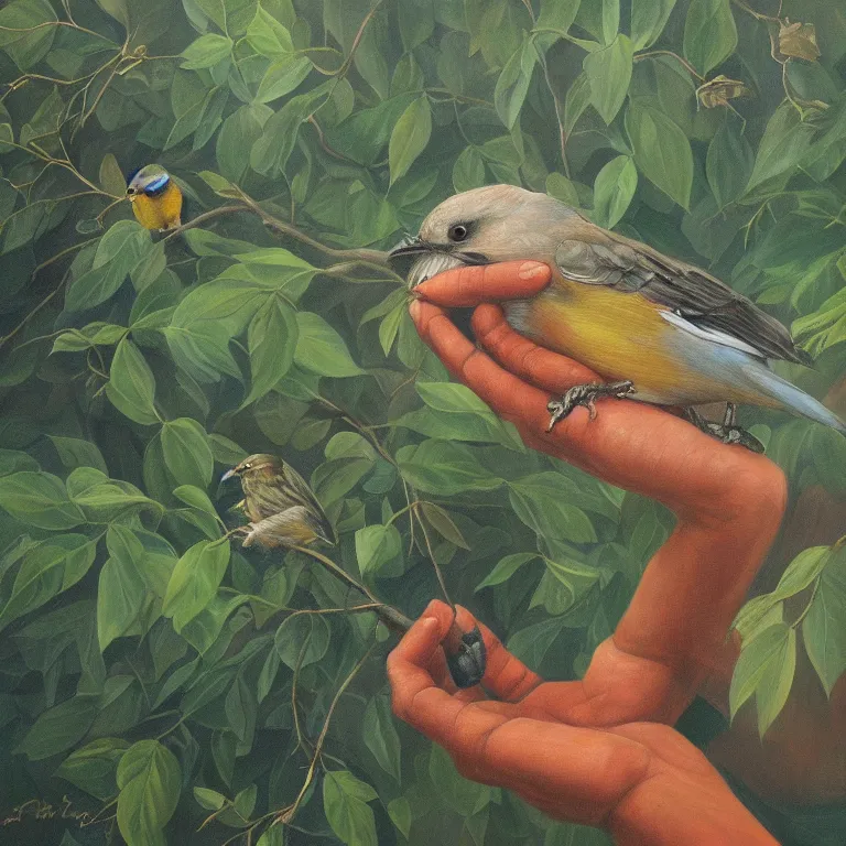 Image similar to a beautiful painting of a bird in hand is worth two in the bush, highly detailed, 8 k resolution