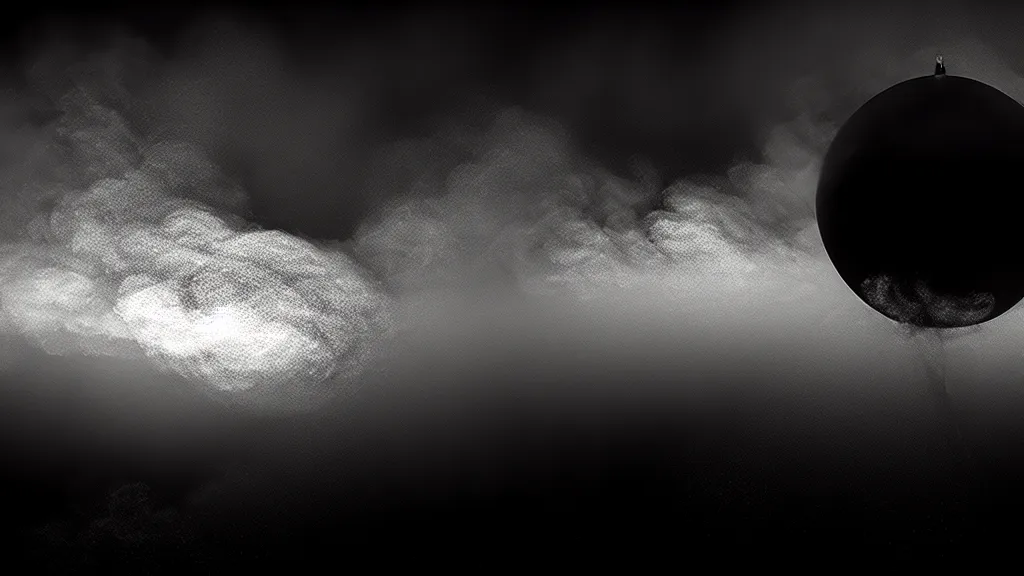 Prompt: plumes of smoke flow out of a black sphere in the sky, fog, volumetric lighting, mystique, atmospheric, sharp focus, ultra detailed, noir art house, 4 k, cinematic, 3 5 mm