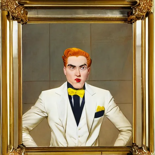 Prompt: a young man with slicked back red hair, a symmetrical clean - shaven face and white eyes, wearing a white tuxedo jacket with a yellow popper flower in its lapel, symmetry, reflection, mirrors, myth of narcissus, by j. c. leyendecker