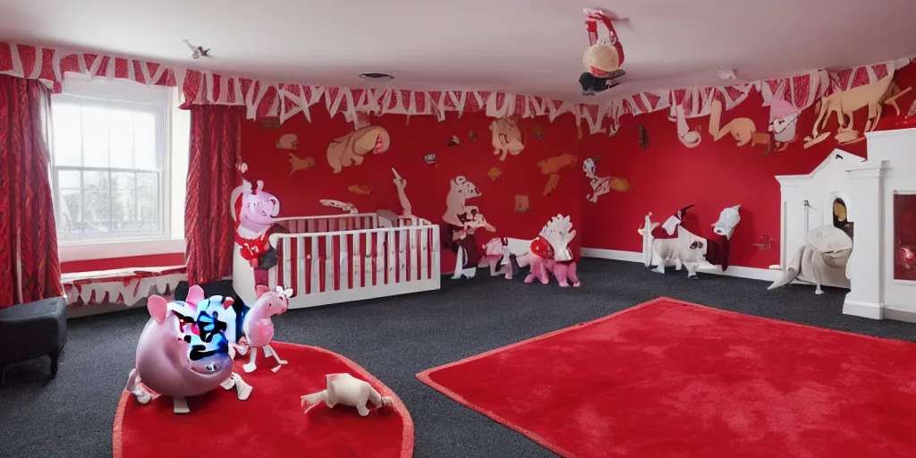 Image similar to peppa pig and pumbaa in the red room from twin peaks. black and white zig zag floor, strange