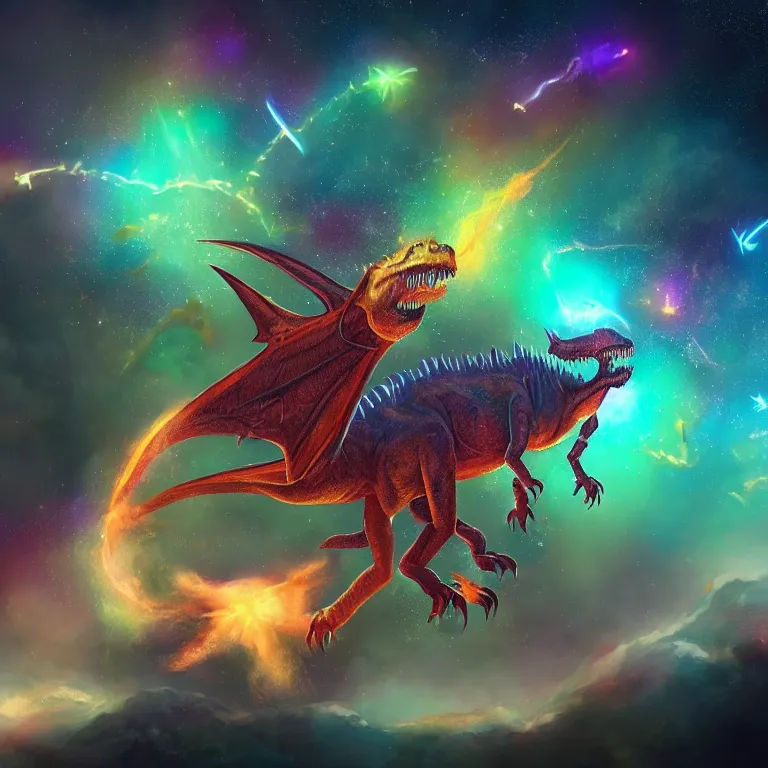 Image similar to a dinosaur dragon hybrid in space, nebula explosion, stars, glowing, fantasy, magical, triangle, loop, pattern, smoke, air, monster, box, spike, hair, flowery, artstation, digital art,