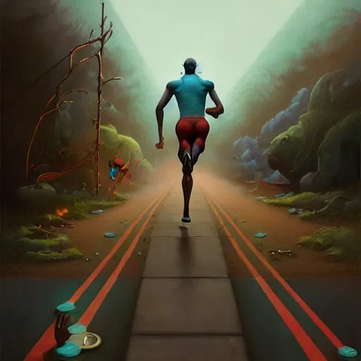 Prompt: cinematic painting of qwop!!!!!!!!!!!!!!!!! running down the trackby alvaro castagnet, peter mohrbacher and dan mumford, kinetic, motion, athletic, running