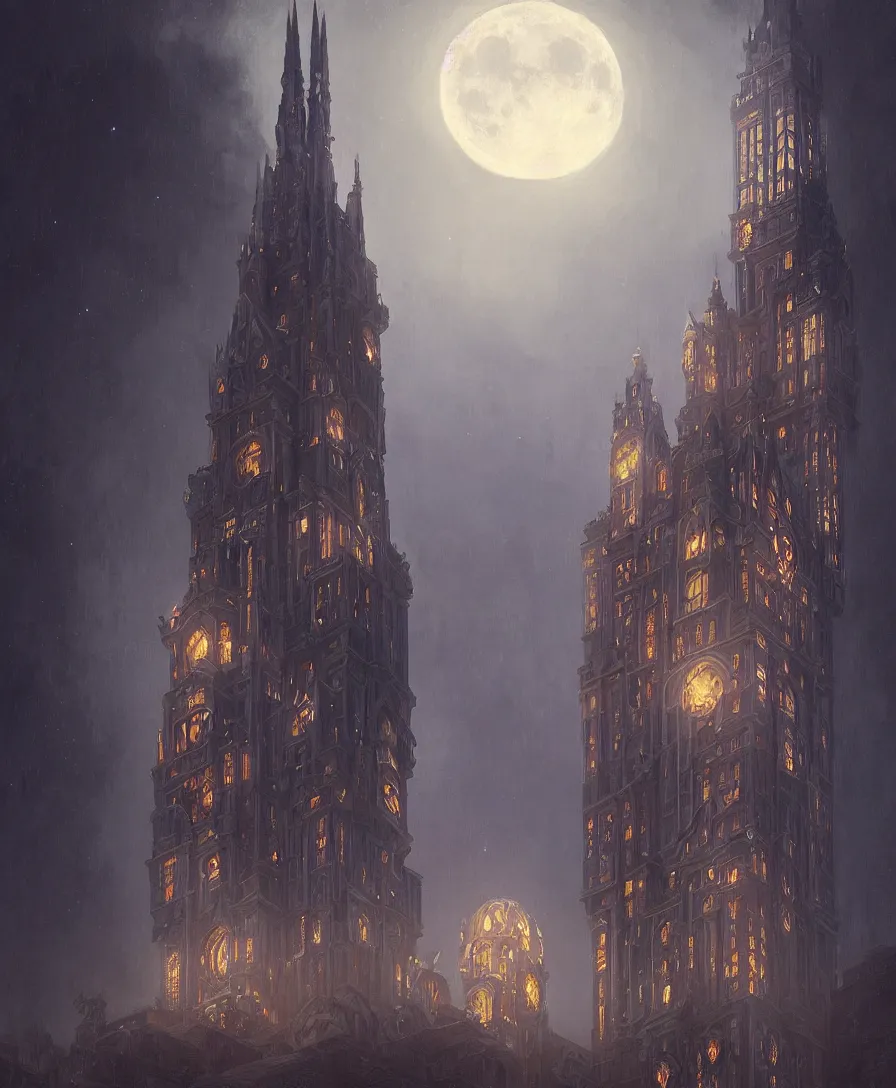 Prompt: slavic architecture style megatower, moonlit night, hyperdetailed symmetrical, intricate 8 k, unreal engine, chiaroscuro, sharp focus, trending on artstation, by jeremy lipking and ferdinand knab and artgerm