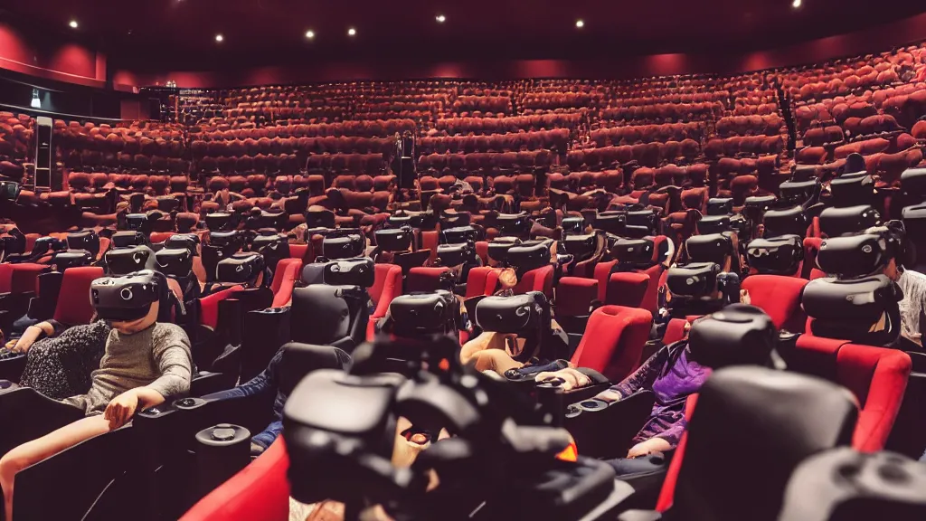 Prompt: people in a busy movie theatre, all wearing vr headsets with art direction by salvador dali, wide lens