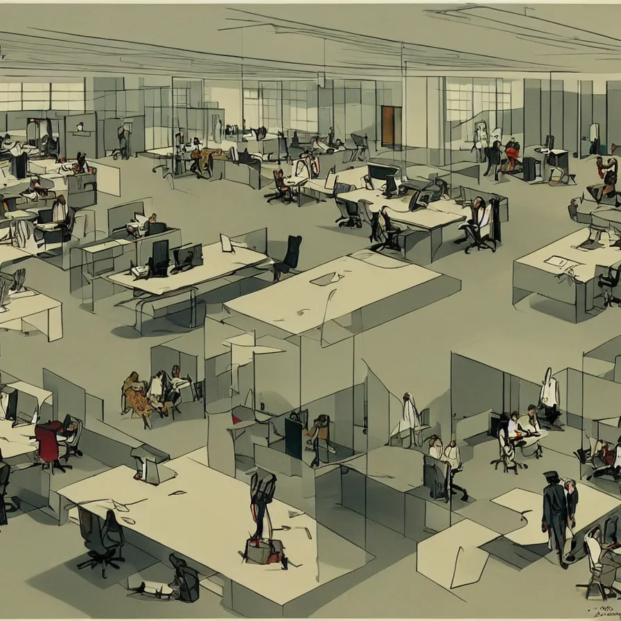 Prompt: concept art of severance indoor office scenario, in a film of jacques tati