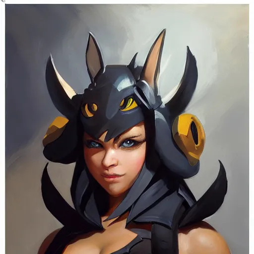 Image similar to greg manchess portrait painting of partially armored umbreon as overwatch character, medium shot, asymmetrical, profile picture, organic painting, sunny day, matte painting, bold shapes, hard edges, street art, trending on artstation, by huang guangjian, gil elvgren, ruan jia, greg rutkowski, gaston bussiere