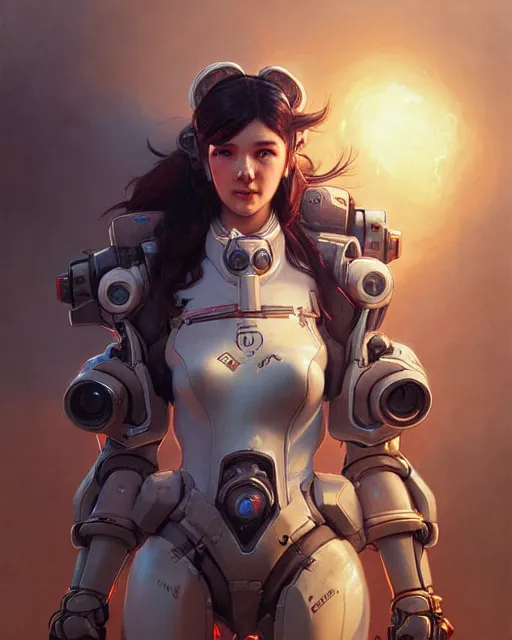 Image similar to d. va from overwatch, character portrait, concept art, intricate details, highly detailed by greg rutkowski, michael whelan and gustave dore