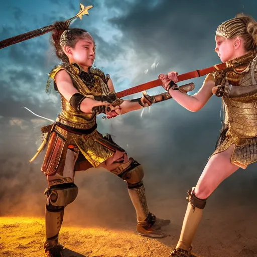 Image similar to 8k photo of a battle of 2 warrior princesses in year 2100. Nikon, sharp, beautiful light