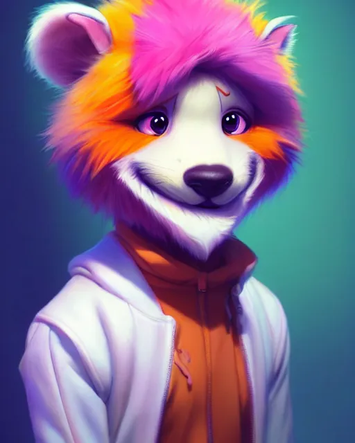 Image similar to character concept art of a cute young colorful male anthropomorphic furry | | cute - fine - face, pretty face, key visual, realistic shaded perfect face, fine details by stanley artgerm lau, wlop, rossdraws, james jean, andrei riabovitchev, marc simonetti, and sakimichan, trending on artstation