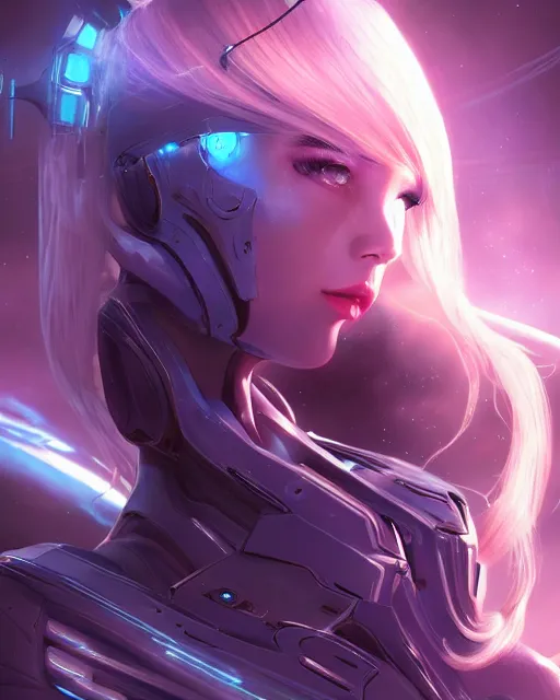 Image similar to perfect android girl on a mothership, warframe armor, beautiful face, scifi, futuristic, galaxy, nebula, raytracing, dreamy, long white hair, blue cyborg eyes, sharp focus, cinematic lighting, highly detailed, artstation, divine, by gauthier leblanc, kazuya takahashi, huifeng huang