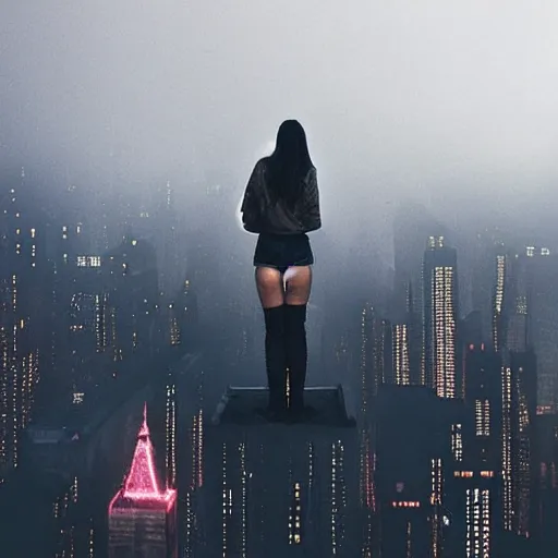Prompt: “ girl standing on a roof looking down at a foggy futuristic new york city below, ghostpunk, blade runner, cyberpunk, brutalist, very detailed, anime, manga ”