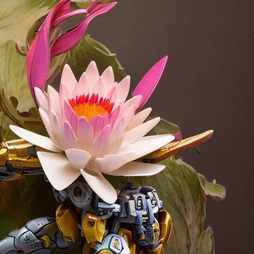 Prompt: futuristic nymphaea mecha waterlily upper body, sepals forming helmet, highly detailed, nymphaea, 8 k hd resolution, barbatos gundam with floral inlay, bandai box art, star wars, makoto kobayashi, frank gehry, raymond swanland