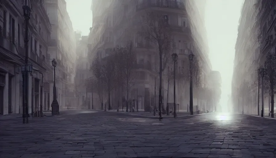 Image similar to empty paris streets, heat wave, volumetric light, abandoned, hyperdetailed, artstation, cgsociety, 8 k