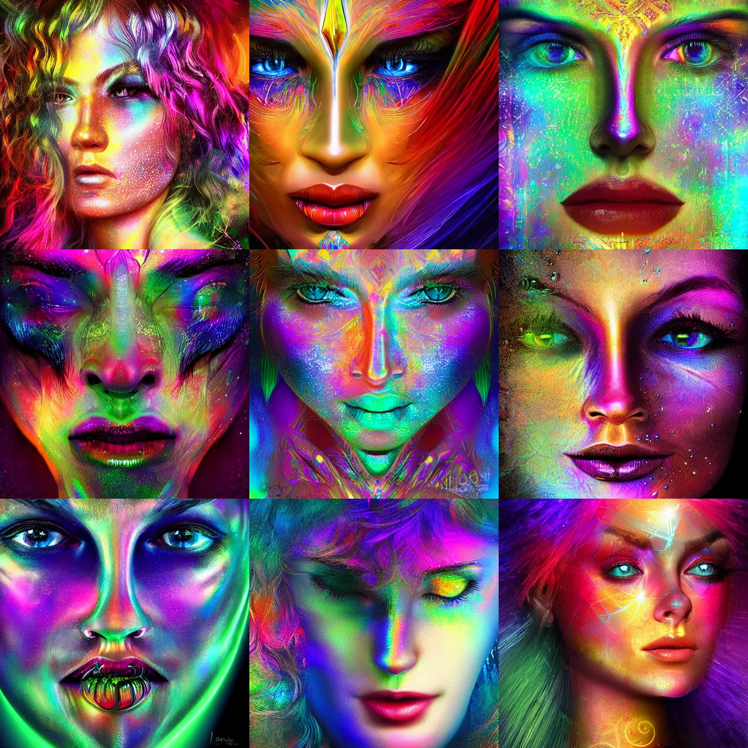 Prompt: of a fantasy close up of a face with lots of colors and rays and strands iridescent digital art, concept eclectic,