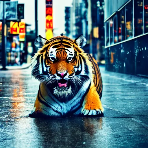 Prompt: a high quality low wide angle photo of a tiger on the streets of a cyberpunk city, rainy, reflective ground, neon lights, realism, 8k