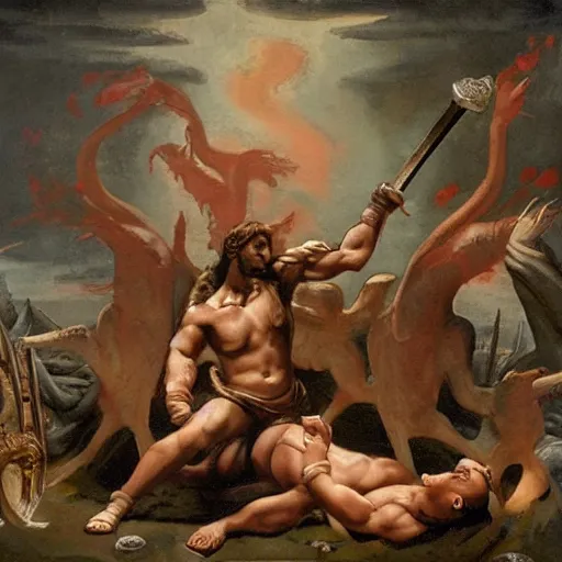 Image similar to The conceptual art depicts the mythical hero Hercules in the moments after he has completed one of his twelve labors, the killing of the Hydra. Hercules is shown standing over the dead Hydra, his body covered in blood and his right hand still clutching the sword that slew the beast. His face is expressionless, betraying neither the exhaustion nor the triumph that must surely accompany such a feat. Moulin Rouge!, x-ray photography by Jakub Rozalski relaxed, weary