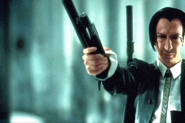 Image similar to film still of Alan Rickman as Neo in The Matrix 1999